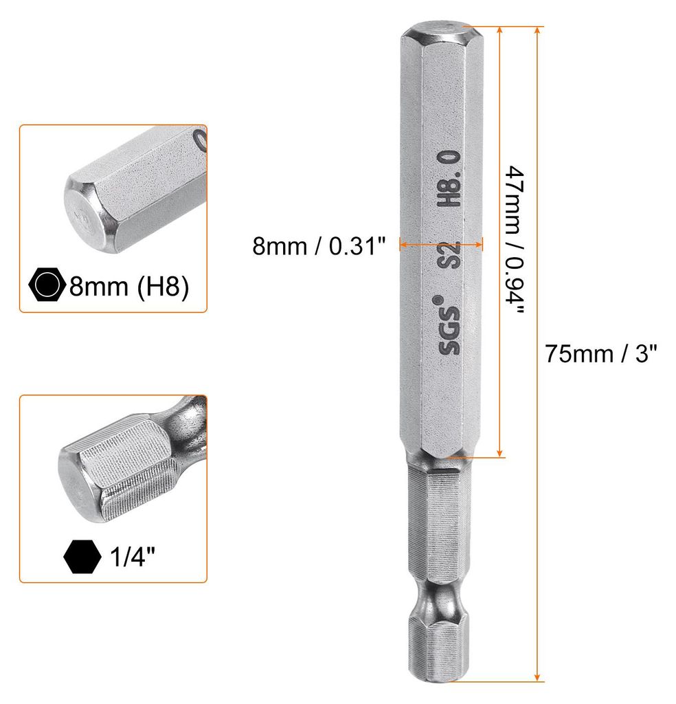8mm(H8,0) Innensechskant Bit Set, Metrisch 75mm Lang 1/4" Sechskant-Schaft Magnetische S2 Stahl Schraubendreher Bits Sechskant Bohrer fš¹r Akkusc...