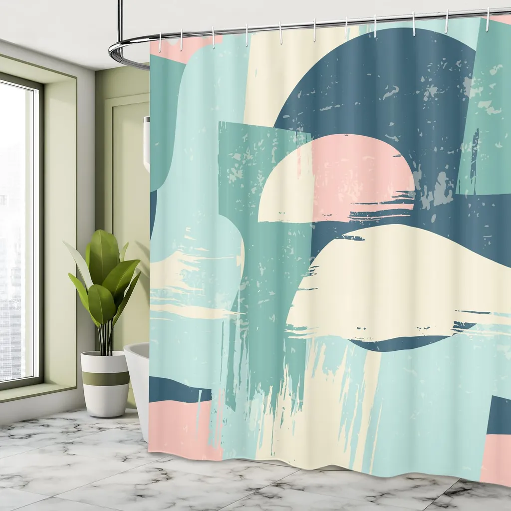 Bonhause Tenda Doccia Astratta 180x200 Cm | Strisce Geometriche Blu-Verdi Con 12 Ganci
