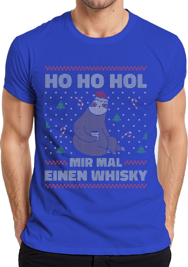 Ho Ho Hol mir mal einen Whisky Faultier - Ugly Christmas Sweater Weihnachten Herren T-Shirt, Blau, XXL