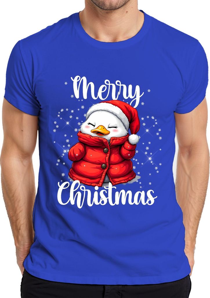 Merry Christmas niedlich Ente Weihnachtsmütze Winter Kinder Santa Herren T-Shirt, Blau, S