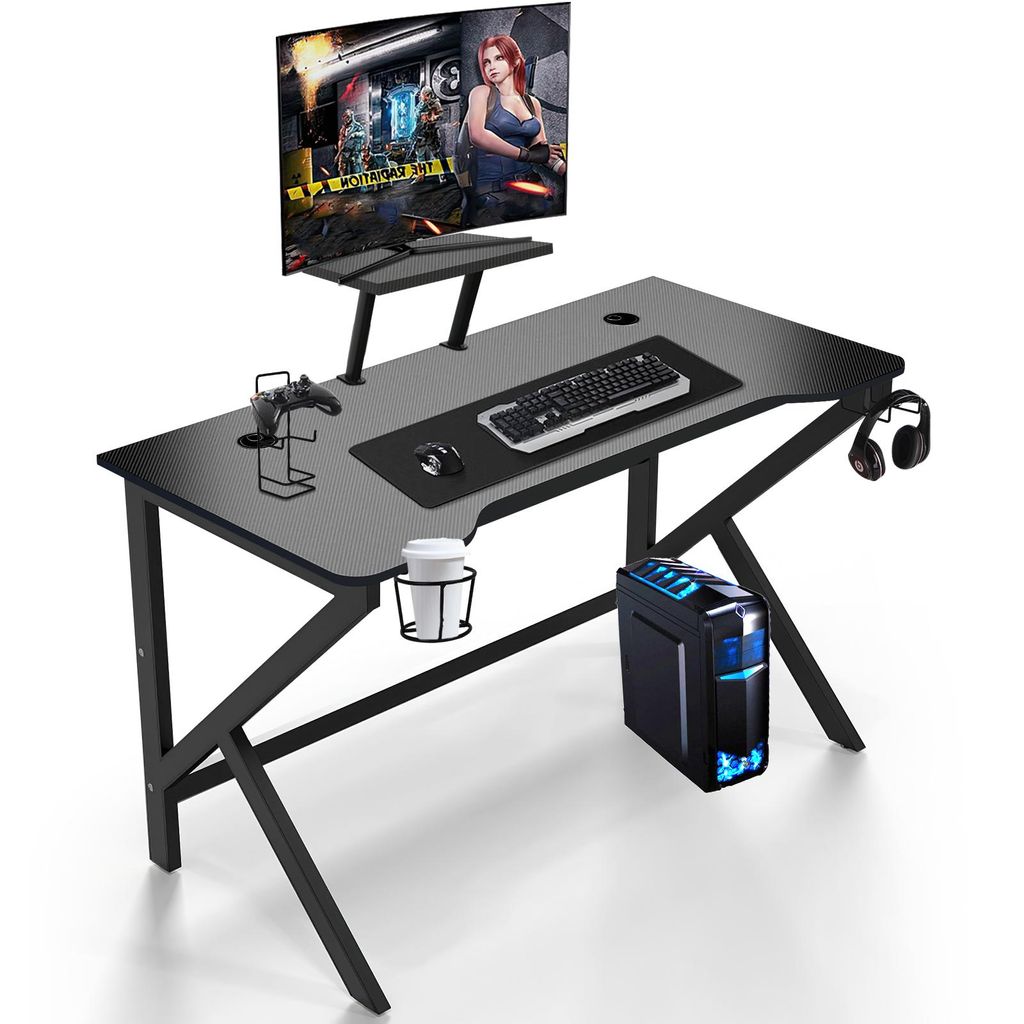 Gaming Tisch mit Monitorständer,Ergonomischer Eckschreibtisch Schreibtisch PC Tisch für Schlafzimmer Büro,Kohlefaserbeschichtung 100x55x74cm