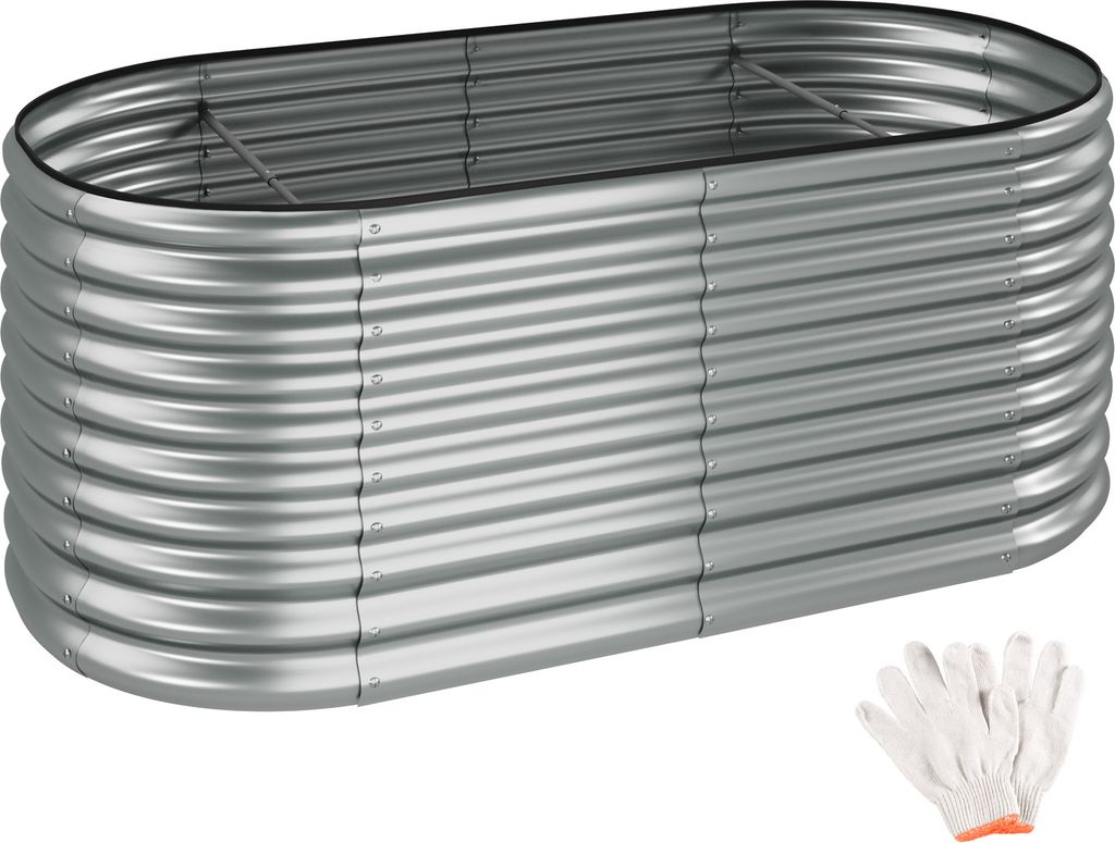 A raised garden bed made of corrugated galvanized steel, shown from a slightly elevated angle against a white background. A pair of white work gloves with orange trim is visible in the lower right corner.