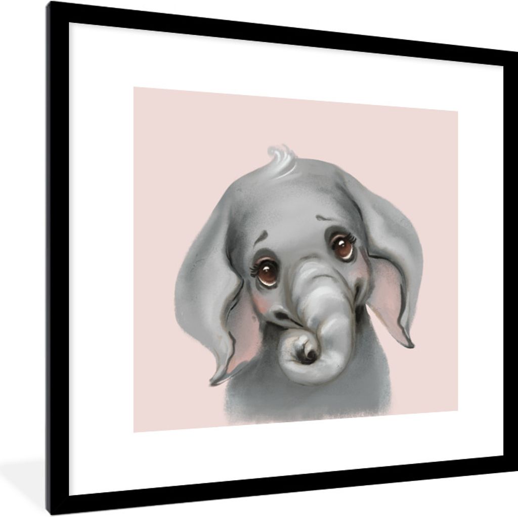 MuchoWow Gerahmtes Poster Elefant - Rosa - Dschungel 40x40 cm - Poster mit Schwarzem Bilderrahmen Wandposter Rahmen Foto Bilder - Poster - Plakat...