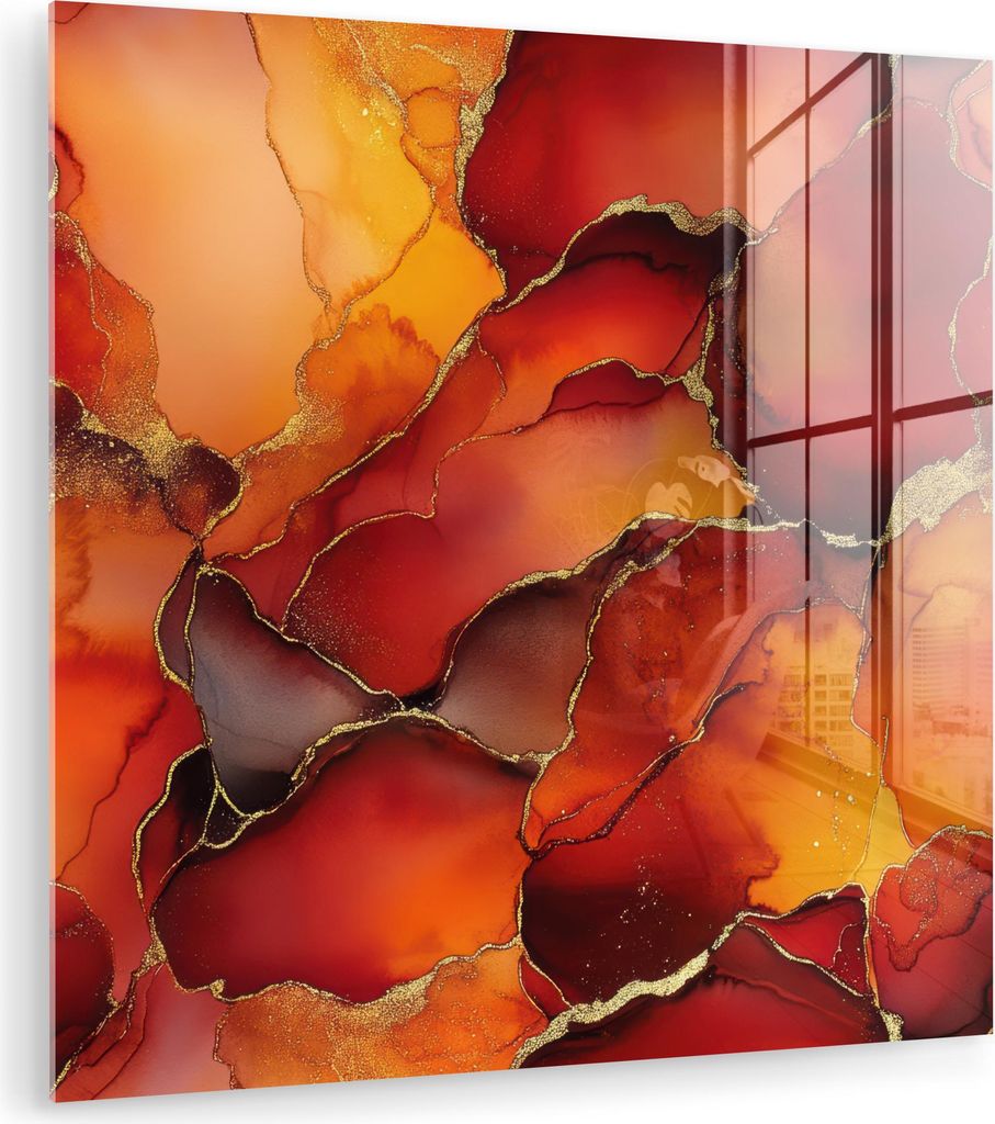 MuchoWow Glasbilder - Bilder auf Wandbild - Foto auf Glas Rot - Marmor - Gold - Herbstfarben - Abstrakt 90x90 cm Wanddekoration aus Glas - Acrylgla...