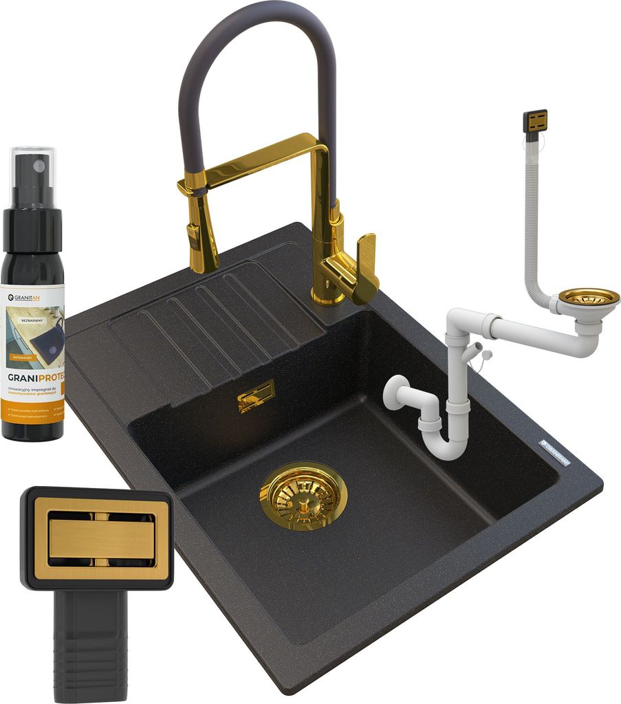 Granitan | Spülbecken Granit - Schwarz - 62x44x17,5 cm - ARGOS + Siphon Gold + Küchenarmatur VEGAS Gold + Impregnat