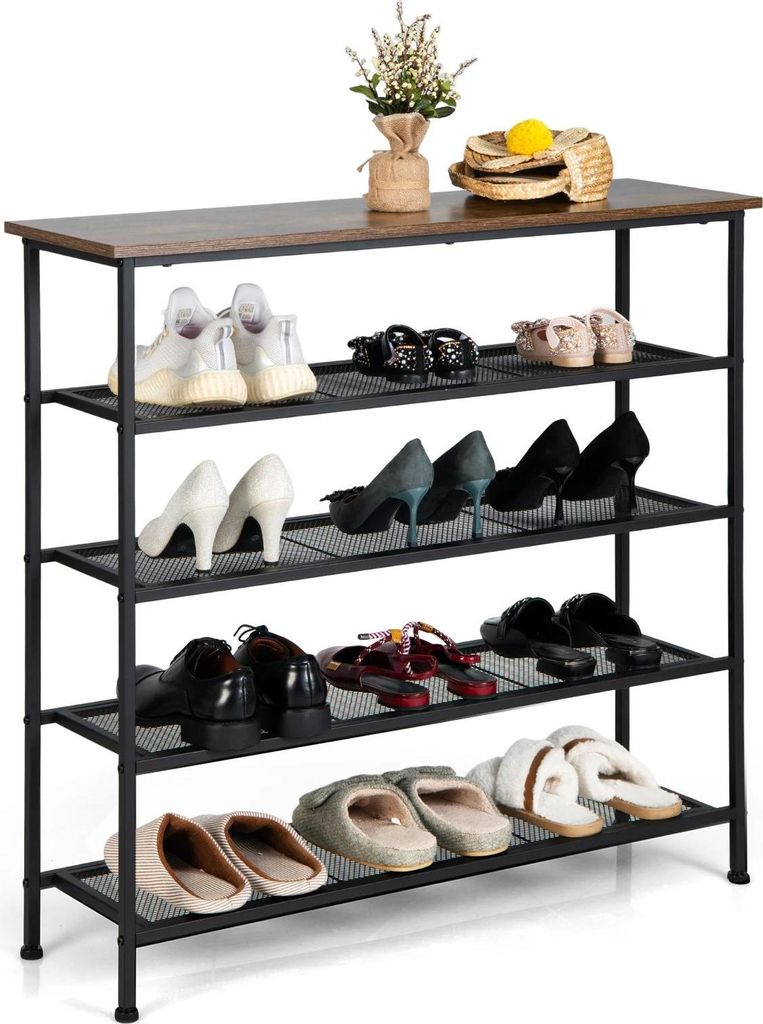 Schuhregal & Schuhständer - 5-stufig freistehendes Metallgestell - Abnehmbare Böden - Kippsicherung - Für 16–20 Paar Schuhe - Schokoladenbraun