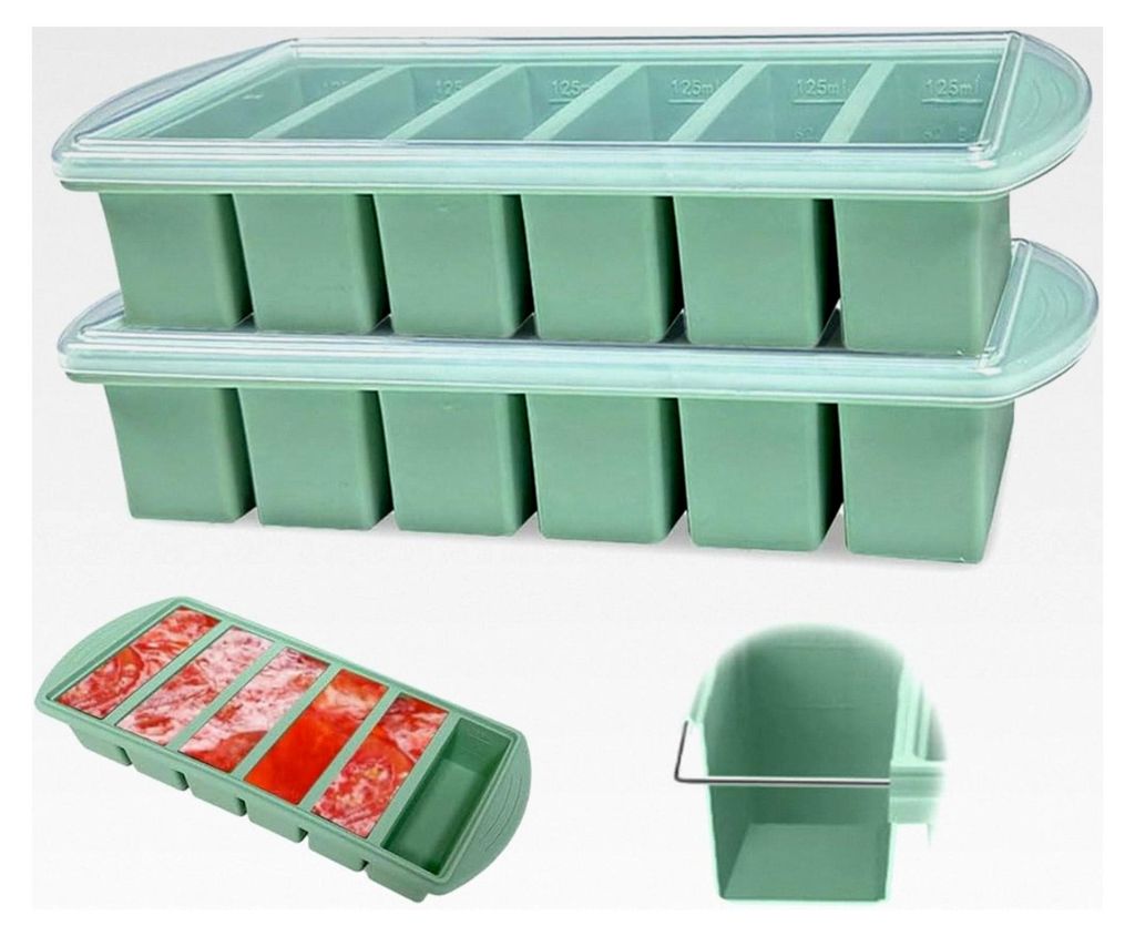 2 Stück Silikonbehälter zum Einfrieren von Suppe, 6 Fächer Souper Cube mit Deckel, große Eiswürfelbecher für das Einfrieren von Brühe