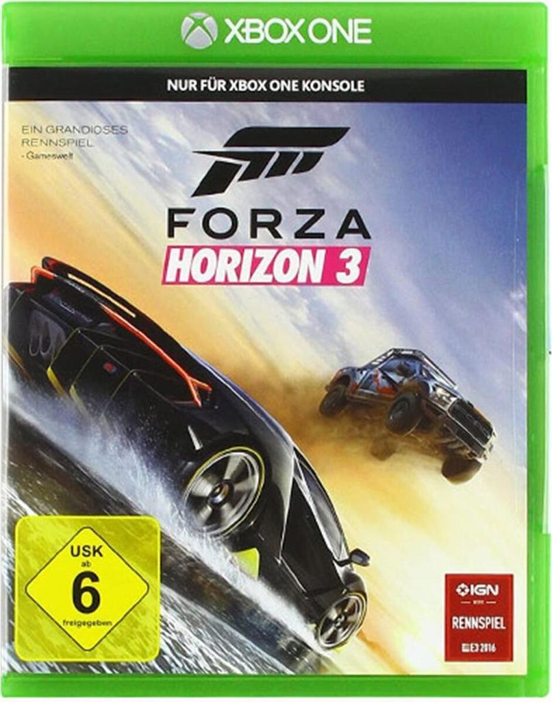 The image shows the front cover of the Xbox One game Forza Horizon 3.