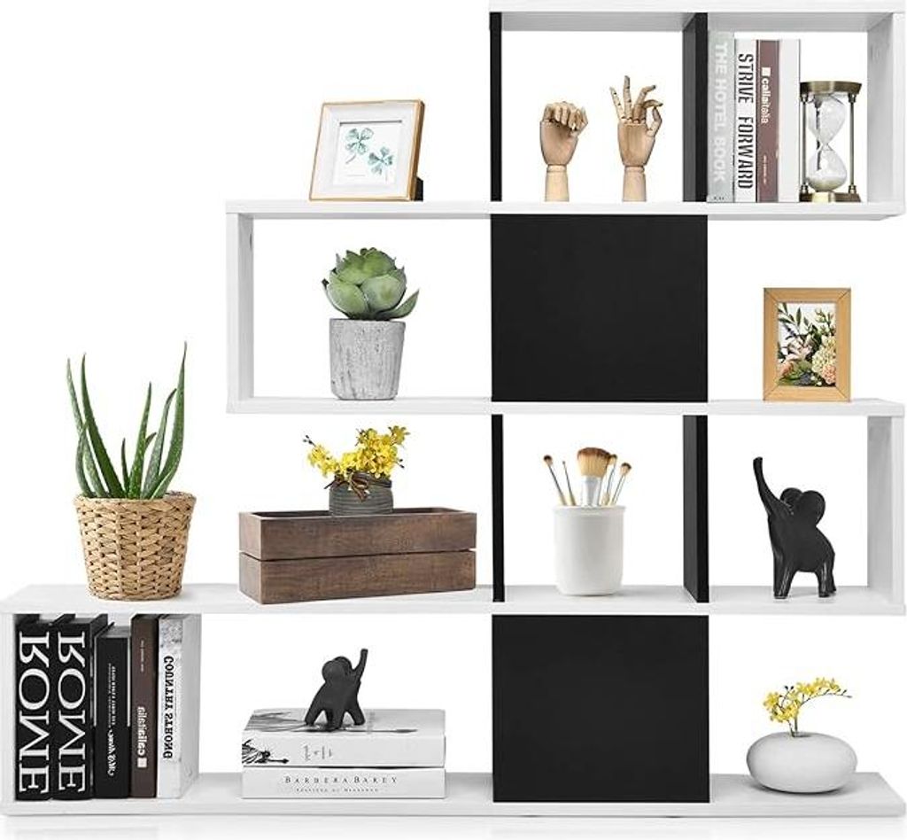 Bücherregal mit 4 Ebenen, Raumteiler Standregal 10 Fächern, 120 x 19,5 x 109 cm Aufbewahrungregal Wohnzimmer (Weiß + Schwarz)
