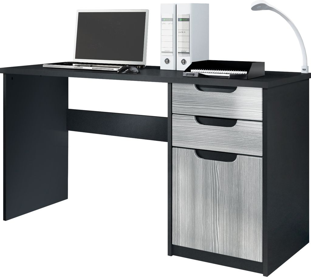 Vladon Schreibtisch Logan, Germany, Bürotisch mit 2 Schubladen und 1 Tür, Schwarz matt/Avola-Anthrazit (129 x 76 x 60 cm)