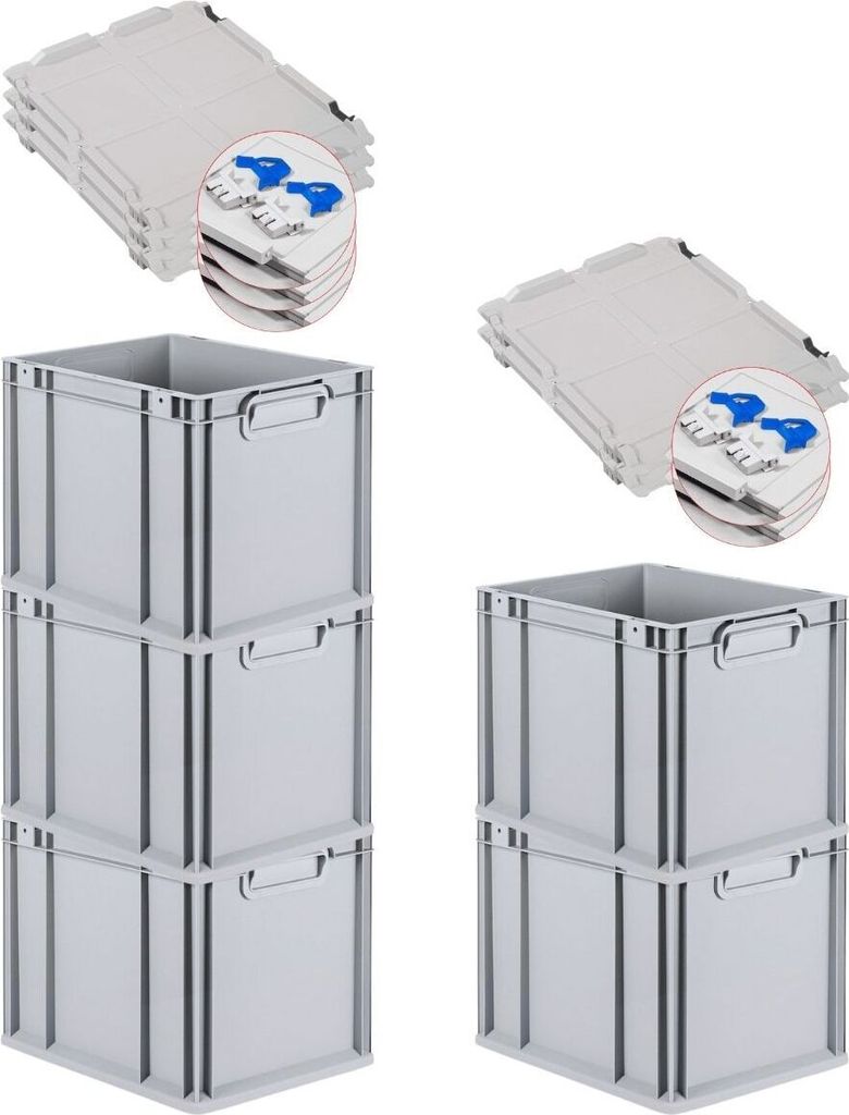 SuperSparSet 5x Eurobox NextGen Economy mit Scharnierdeckel und blauen Schiebeschnappverschlüssen | Griffe geschlossen | HxBxT 32x30x40cm | 30 Lit...