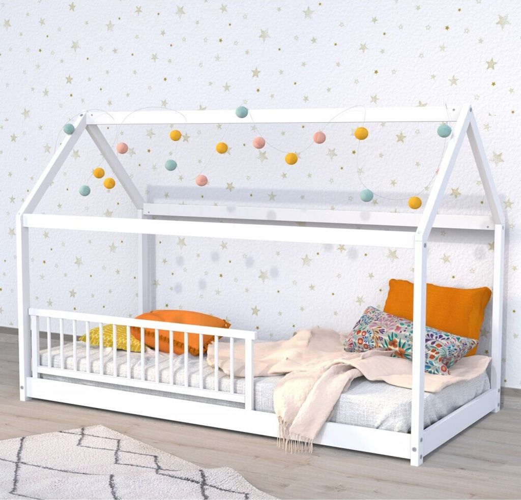Hausbett PANDA mit Lattenrost und Gitter/ Kinderbett 90x190 cm - Weiß