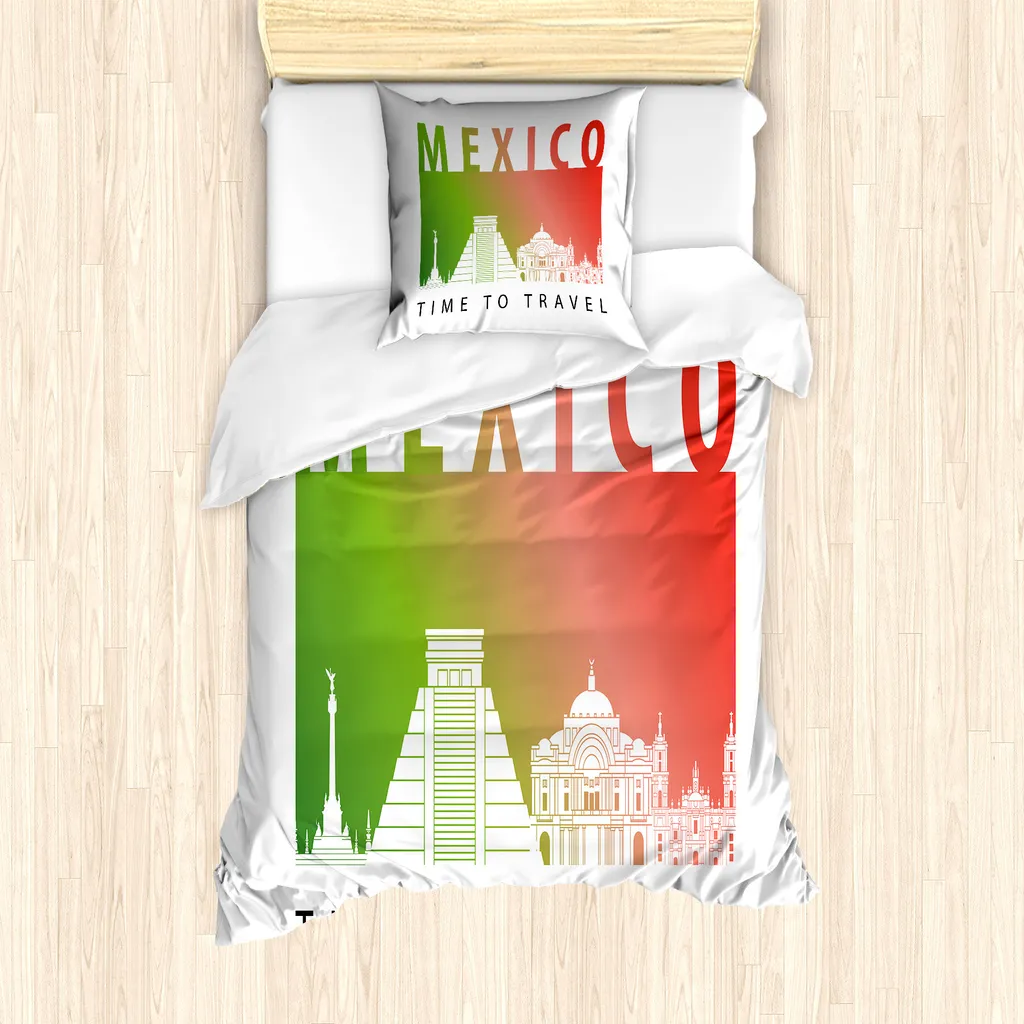 Set copripiumino da viaggio ABAKUHAUS per letti singoli, Zeit zum Reisen Mexiko, antiacaro, adatto a chi soffre di allergie, con federa, 135 cm x 200 cm - 80 x 80 cm, bianco multicolore