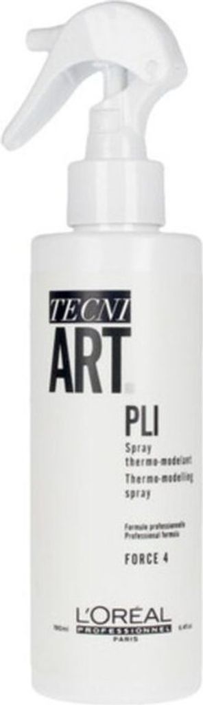 A white spray bottle of L'Oréal Professionnel Tecni.Art Pli hair spray is shown against a white background.