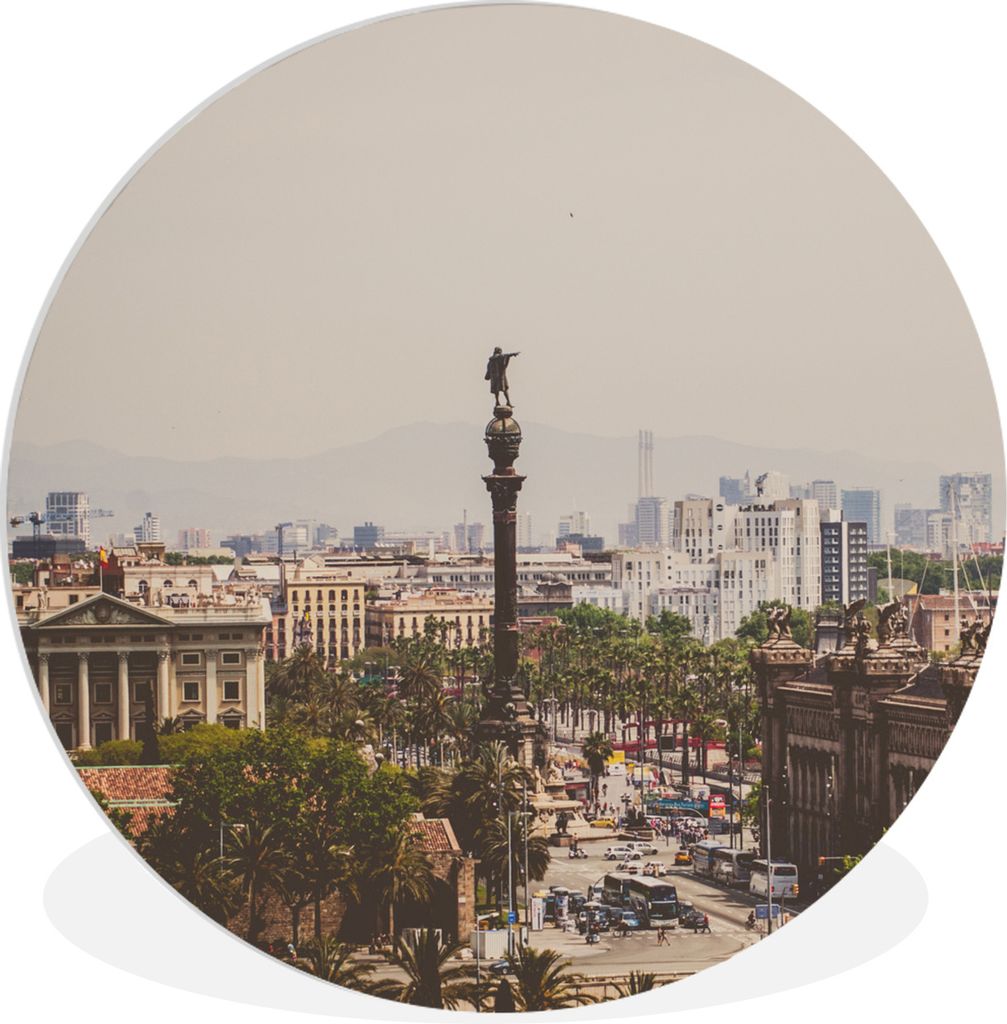 MuchoWow Rundes Wandbild - Runde Bilder Barcelona - Statue - Kolumbus Ø 30 cm Kreis Wanddekoration Kunststoff - Wandkreis - Wandschmuck - Schlaf...