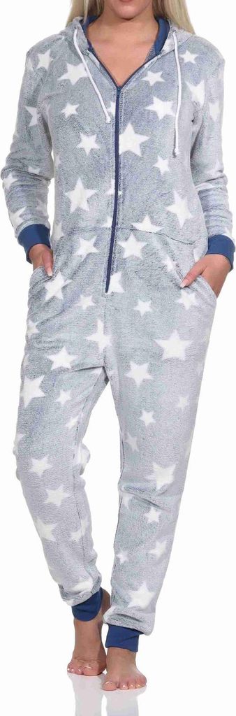 Damen Schlafanzug Jumpsuit Overall in Sterneoptik aus kuschelig warmen ; blau , 40
