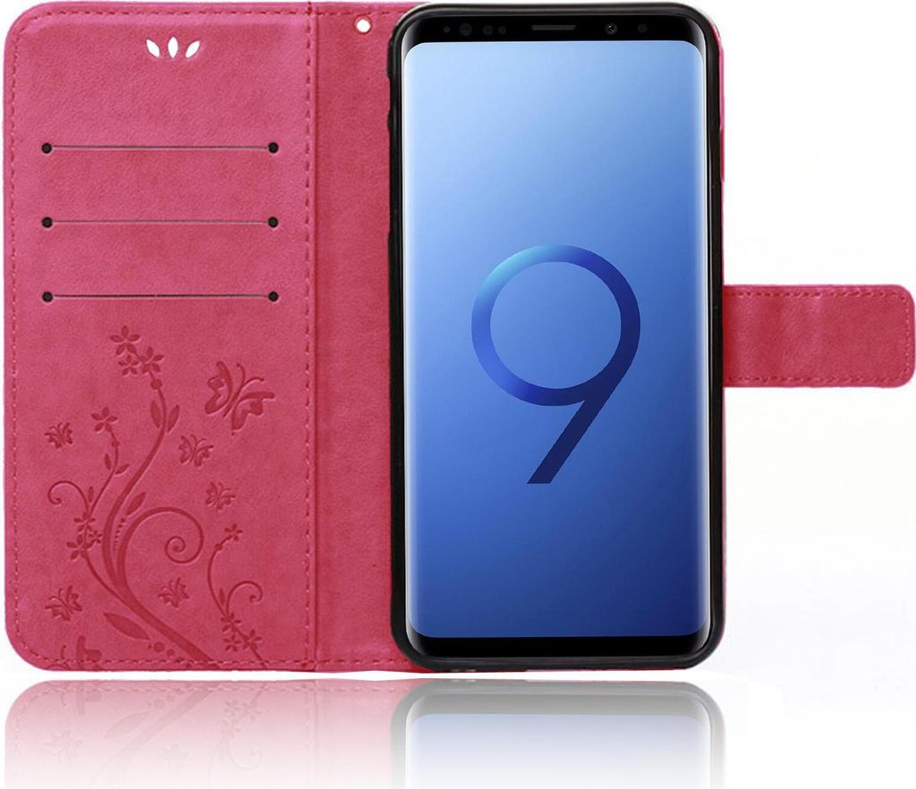 A pink flip case for a Samsung Galaxy S9 Plus phone, open to reveal the phone and card slots.