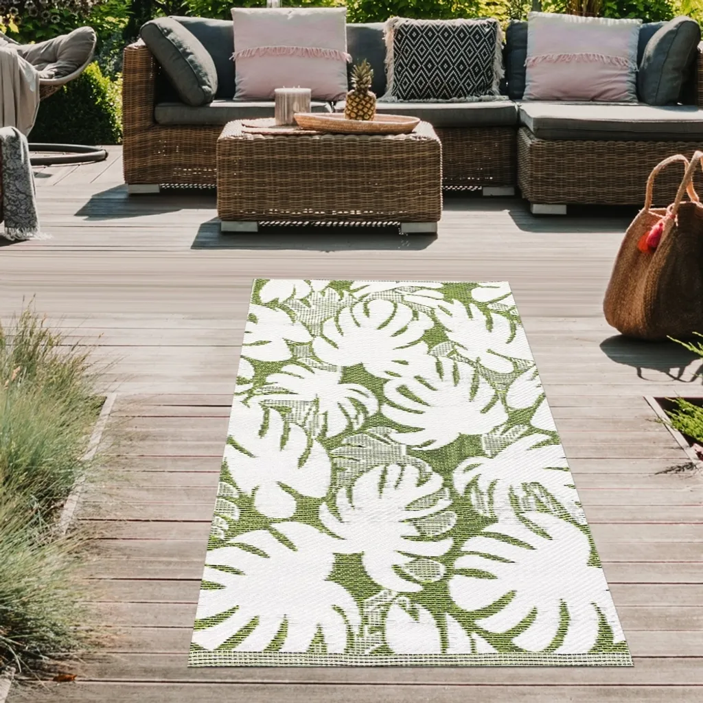 Tapis extérieur vert jungle 90x150 cm, motif tropical traité anti-UV chic