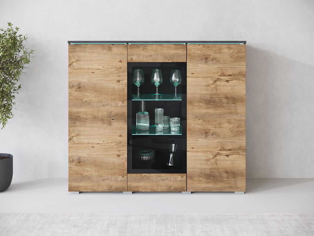 MINIO go for it, Kommode „VEVE“, 120 cm, Vitrine, mit Glasfront, Hochglanzfronten, Matera / Kastanie Breslau Farbe