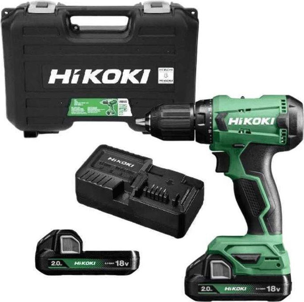 A cordless drill, two batteries, a charger, and a carrying case are displayed against a white background.