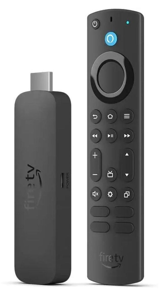 A black Amazon Fire TV Stick and its remote are shown side-by-side against a white background.