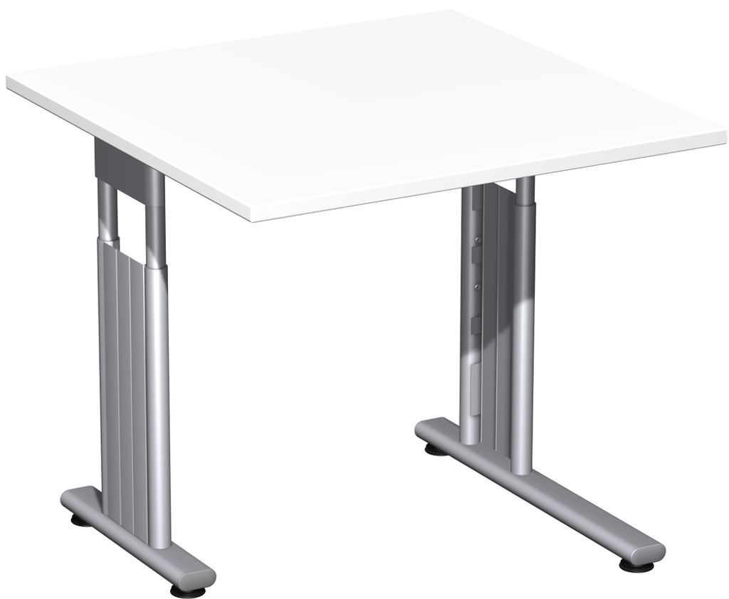 Schreibtisch höhenverstellbar, einseitig zurückgesetzt, 800x800x680-820, Weiß/Silber