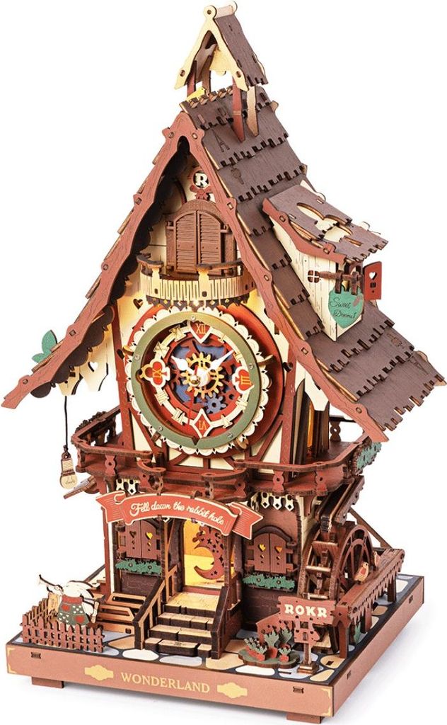 A detailed 3D wooden puzzle model of a cuckoo clock, designed with intricate gears and decorative elements, set against a white background.