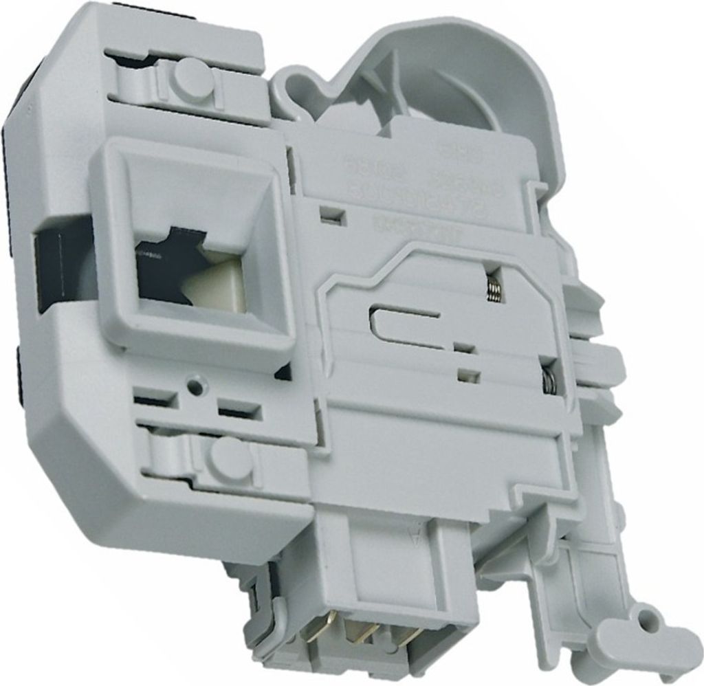 Close-up studio shot of a washing machine door lock mechanism.