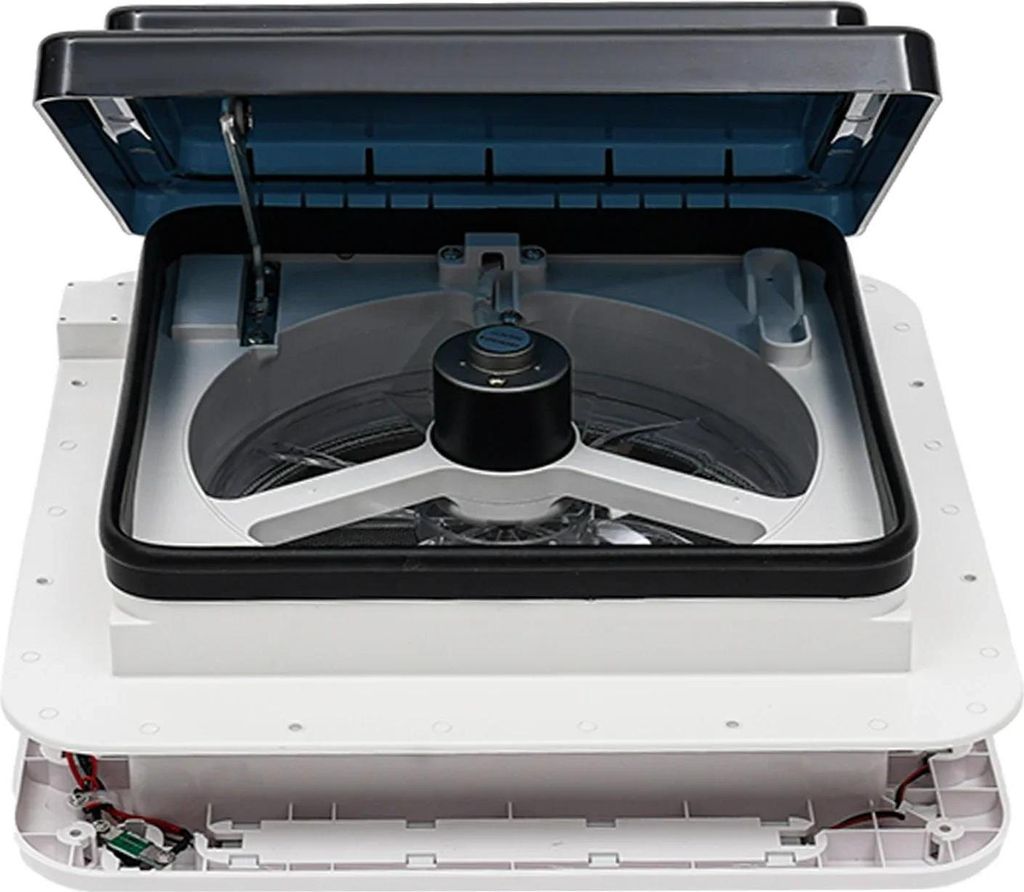 Dachlüfter für Wohnmobil/Wohnwagen - Abluftventilator - 28×28 cm - Edelstahl - Insektenschutzgitter - LED-Beleuchtung - Energiesparend - Indigo