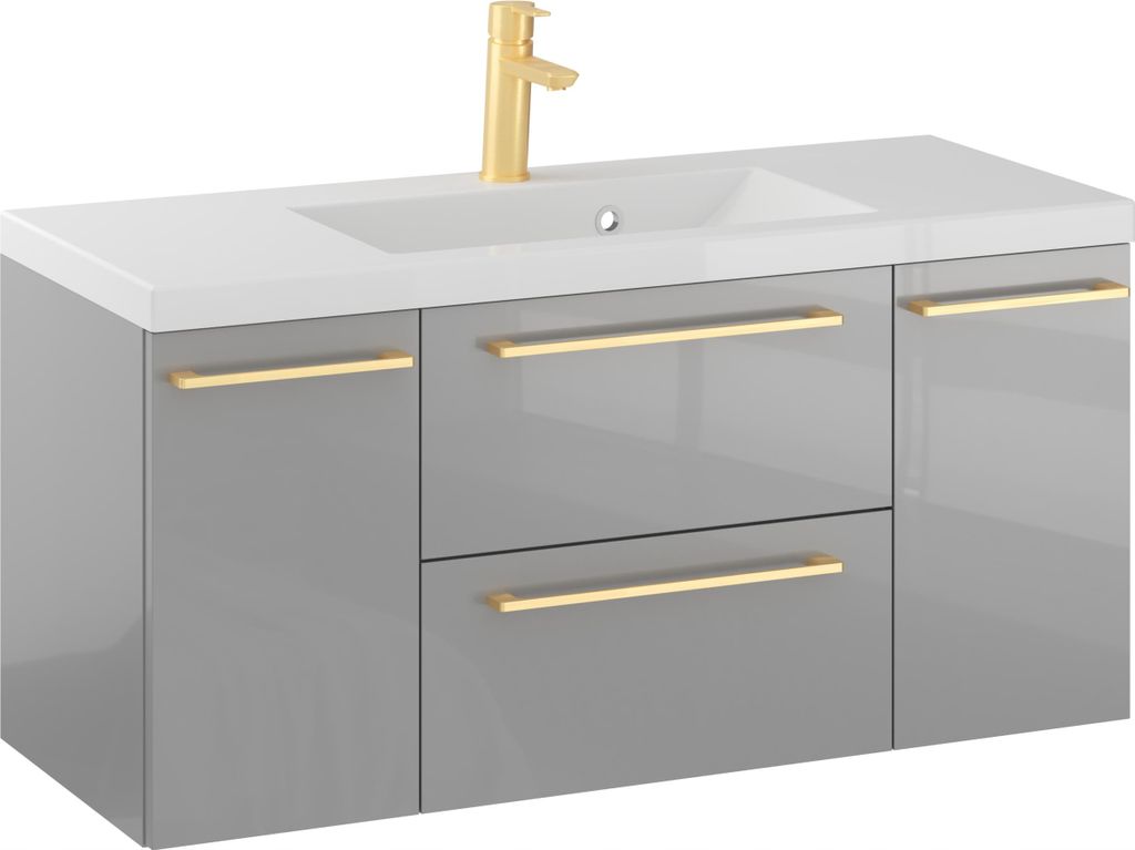 Rosen 100.2 cm Badezimmerschrank in Grau Hochglanz mit Waschbecken und Griffen in Edelstahl gebürstet - Zeitloses Design