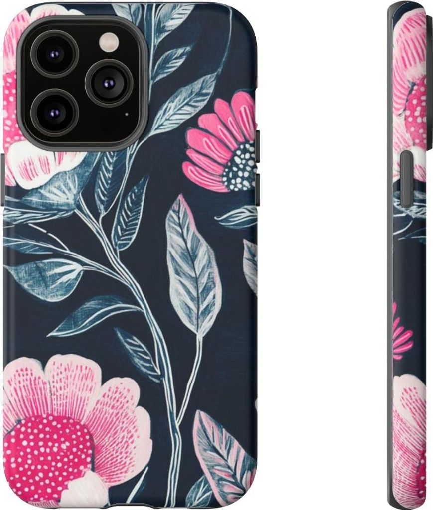 Leuchtend pinkes Blumenmuster auf Dunkelblau – Hülle Kompatibel mit iPhone 14 Pro Max