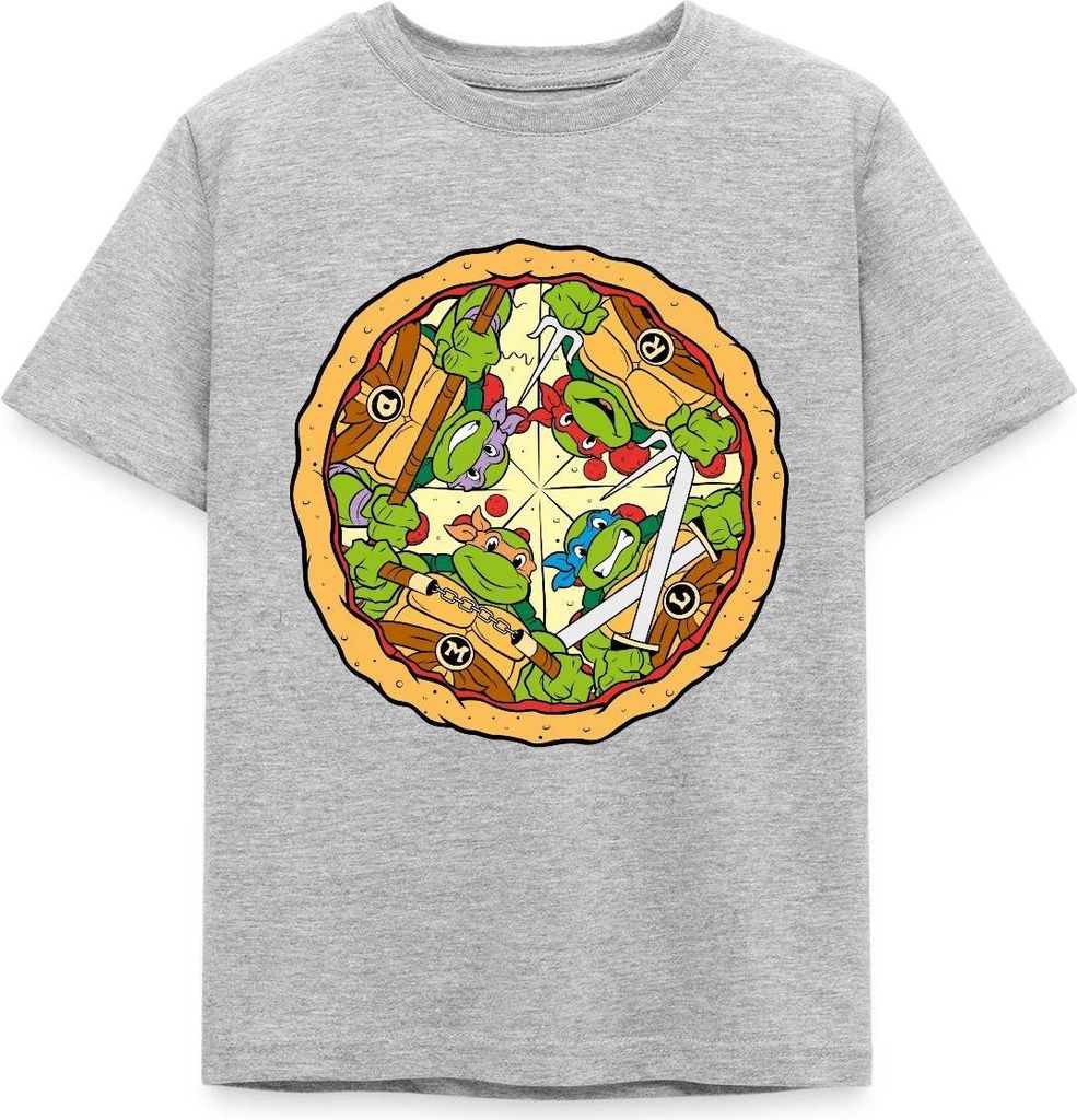 Spreadshirt Teenage Mutant Ninja Turtles Pizza Logo Kinder T-Shirt, 98/104 (3-4 Jahre), Grau meliert