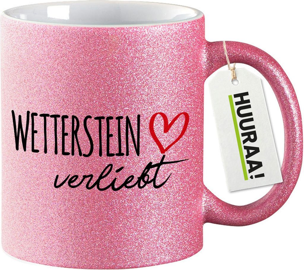 Huuraa Glitzertasse Wetterstein verliebt 330ml Pink Keramik Kaffeebecher Geschenkidee