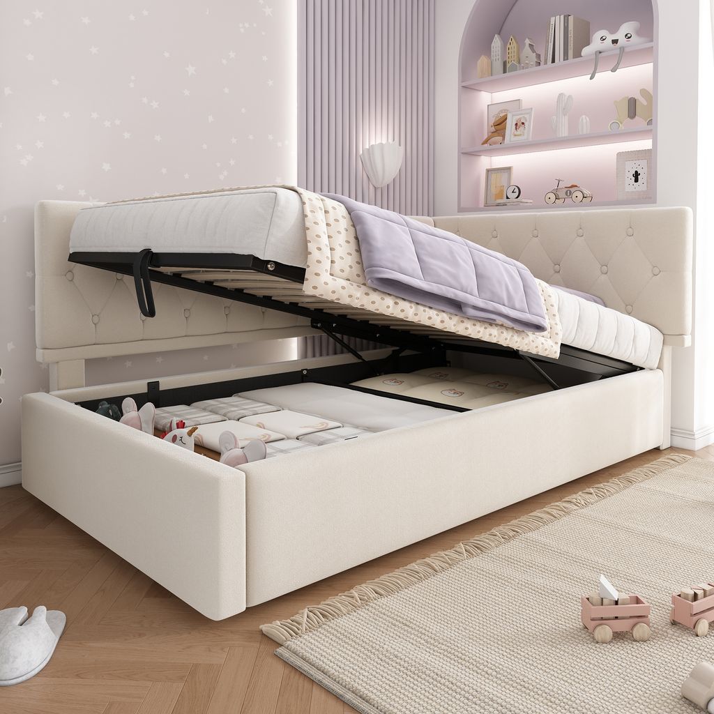 MODFU Polsterbett 90x200,Schlafsofa mit hydraulischem Stauraum, Kinderbett mit Lattenrost, ohne Matratze,Beige