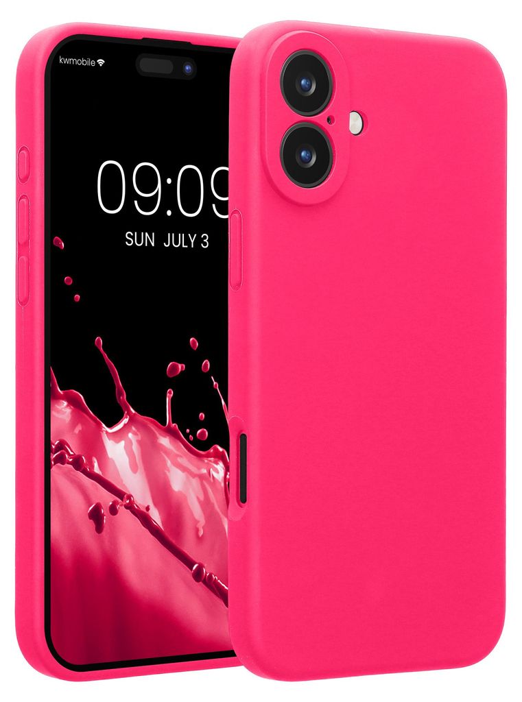 kwmobile Handyhülle für Apple iPhone 16 Plus Hülle - gummierte Handy Silikon Case für iPhone 16 Plus - Schutzhülle Cover - Neon Pink