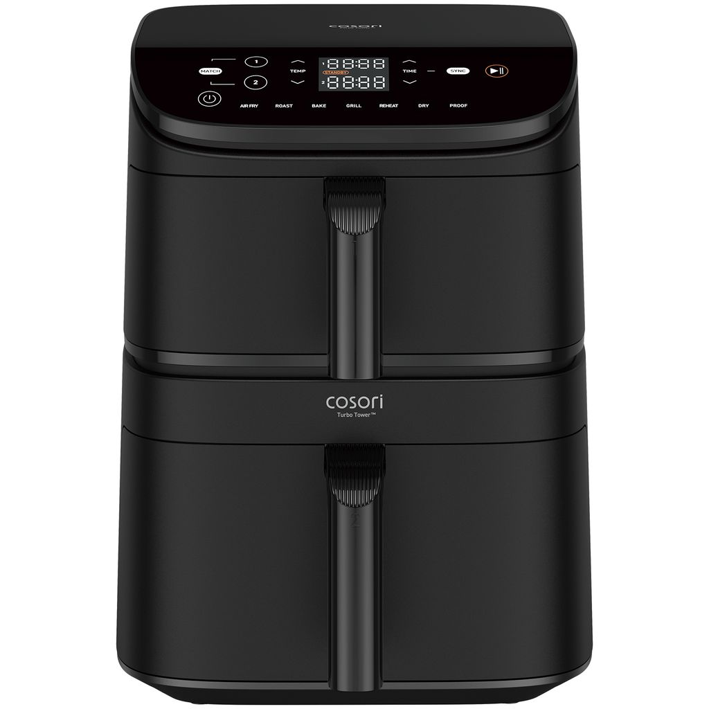 A black Cosori air fryer with a digital display and two stacked chambers.
