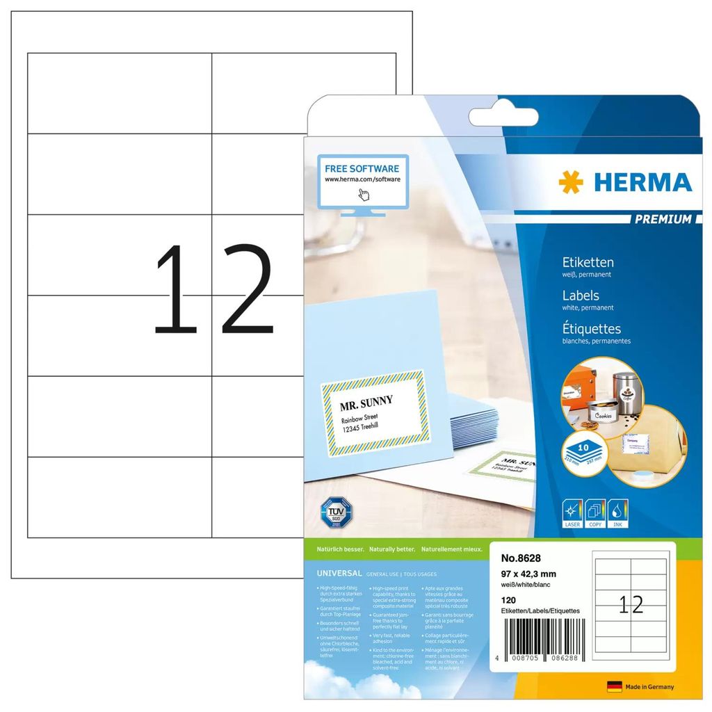 HERMA 8628, Biela, Samolepiaci štítok, A4, Papája, Obrázok produktu 