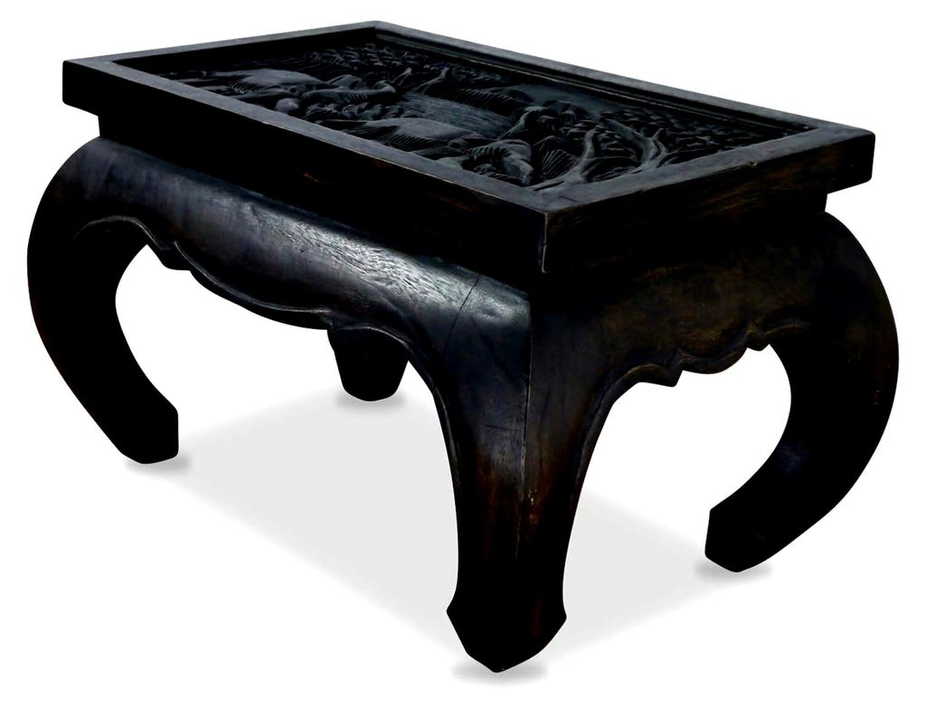 Opiumtisch mit Glasplatte, Beistelltisch, Couchtisch aus Massivholz mit Elefantenschnitzerei (schwarz)