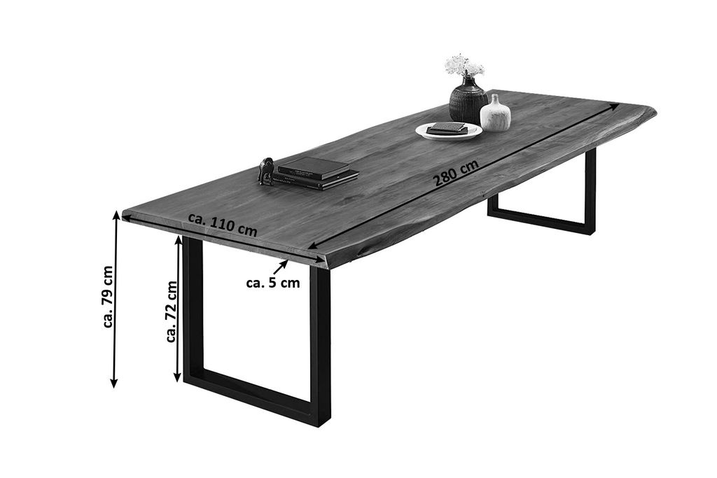 SAM Esstisch Baumkante massiv Akazie nussbaumfarben 280 x 110 silber VALIN