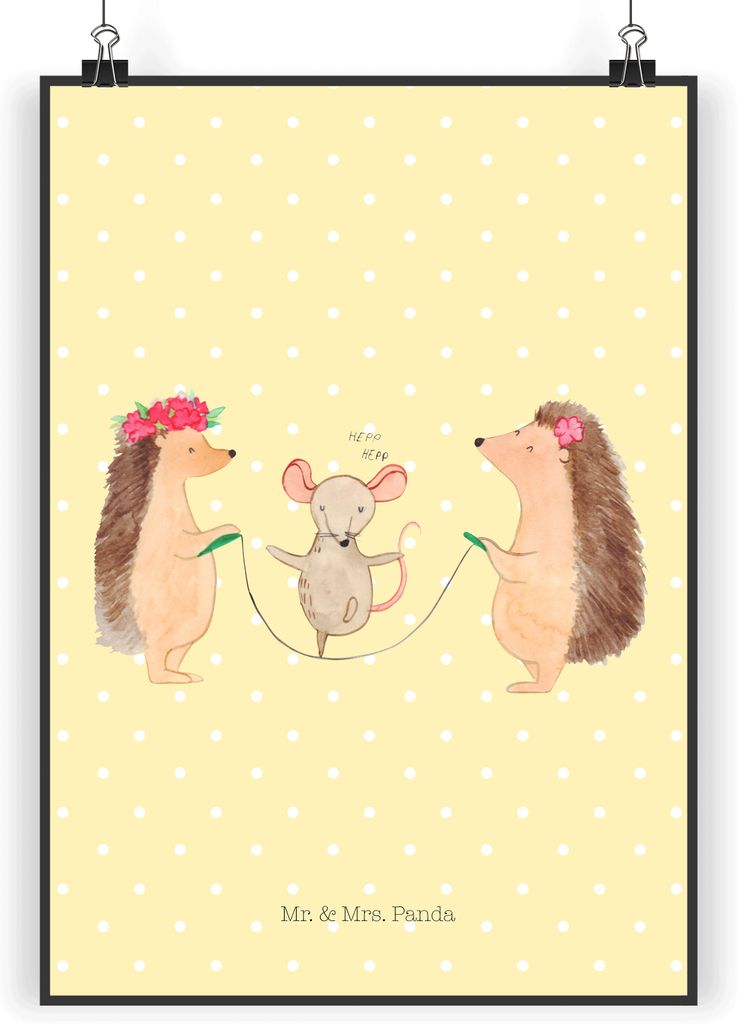 Mr. & Mrs. Panda Bild Igel Seilhüpfen DIN A4 - Gelb Pastell - Geschenk, wanddeko, Seilspringen, Maus, Kinder, Lustige Sprüche, Kindergarten, Kuns...