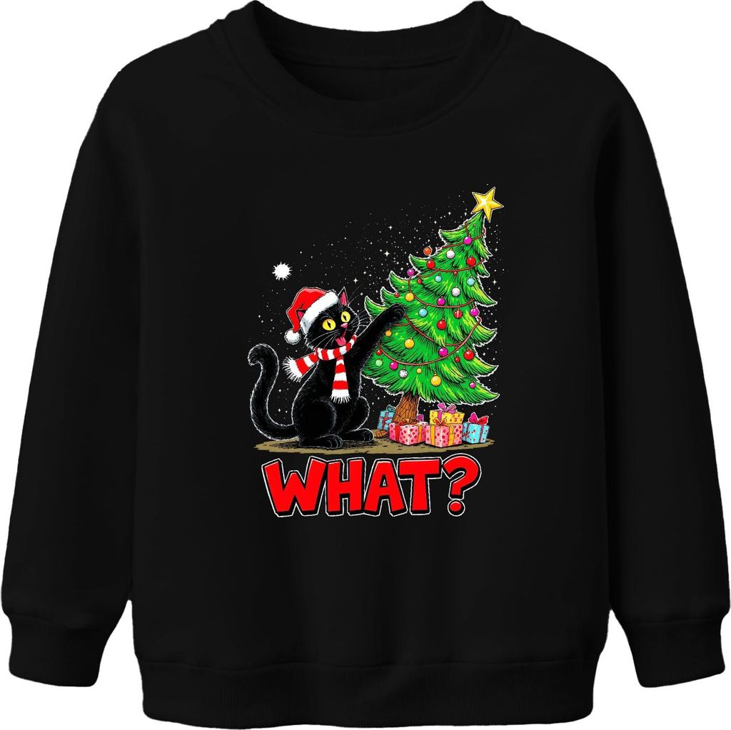 WHAT? schwarze Katze Weihnachten lustig Weihnachtsbaum Geschenke Uni Kinder Sweatshirt Pullover, Schwarz, 116