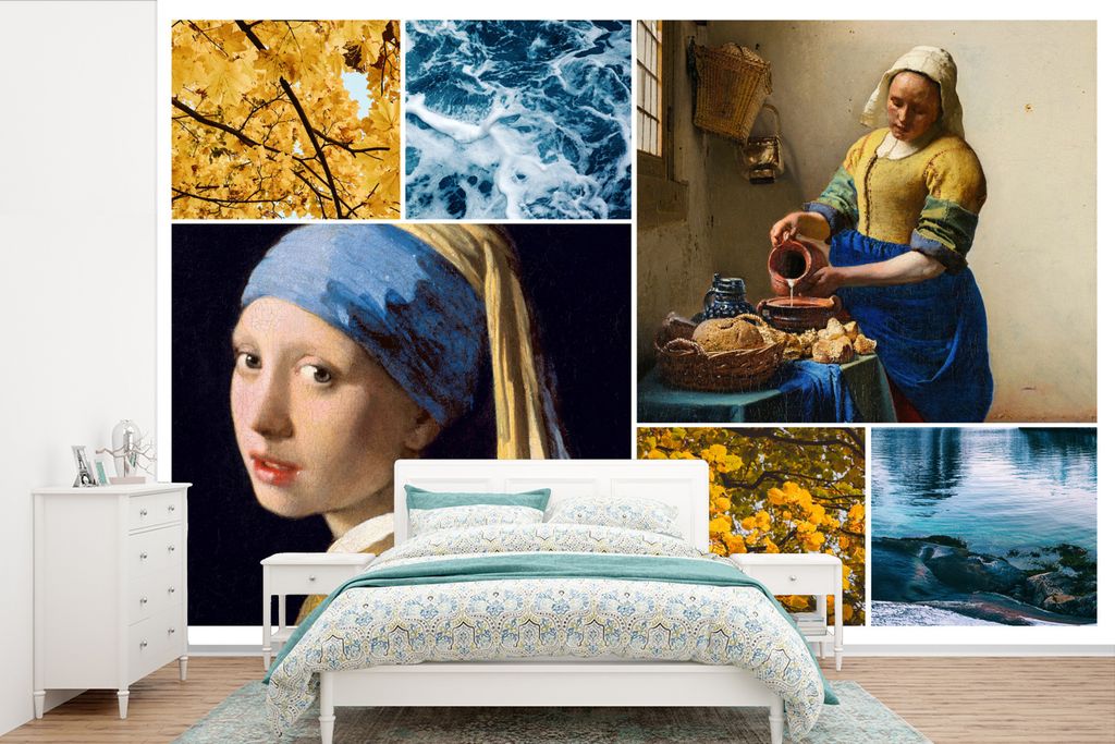 MuchoWow Fototapete für Wohnzimmer oder Schlafzimmer Wandtapete Vinyl Motivtapete Vermeer - Collage - Milchmädchen - 390x260 cm - Papiertapete