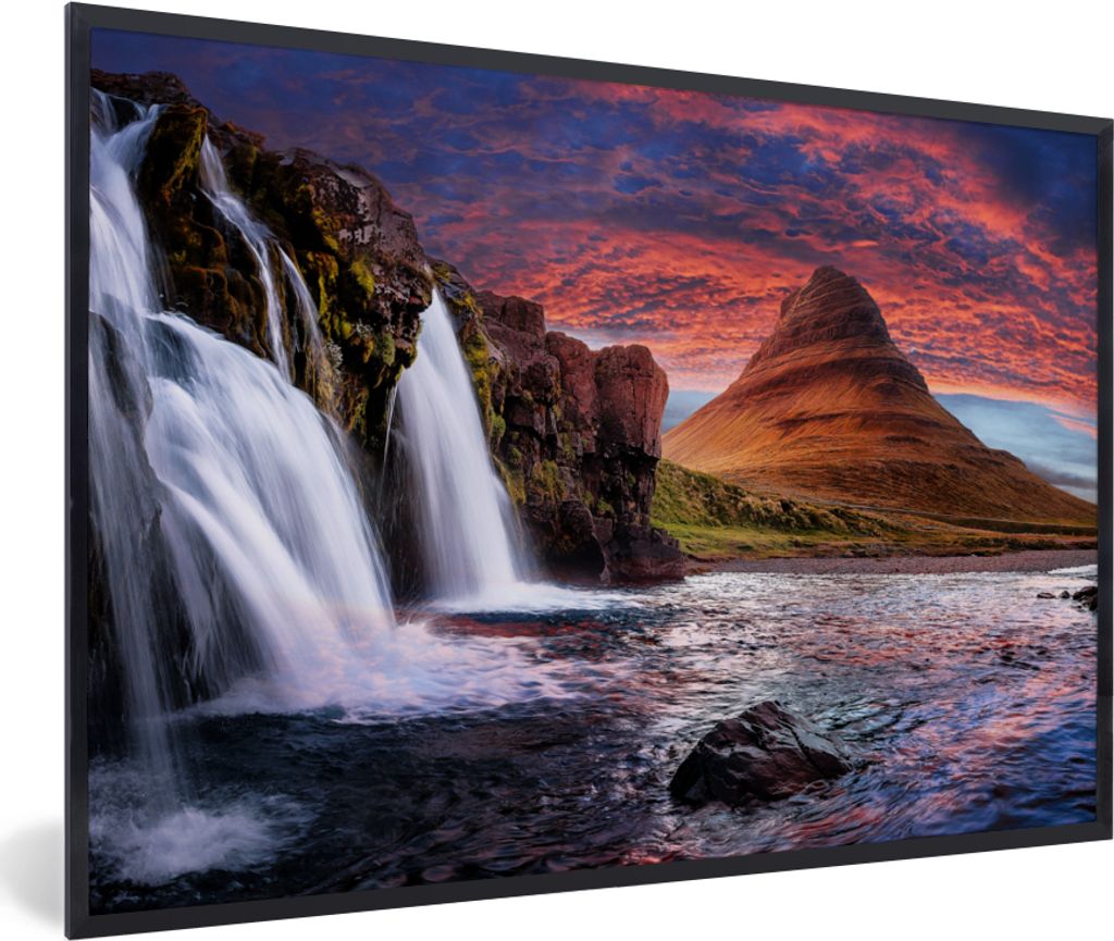 MuchoWow Gerahmtes Poster Wasserfall - Berg - Wolken - Rosa - Landschaft 90x60 cm - Poster mit Schwarzem Bilderrahmen Wandposter Rahmen Foto Bild...