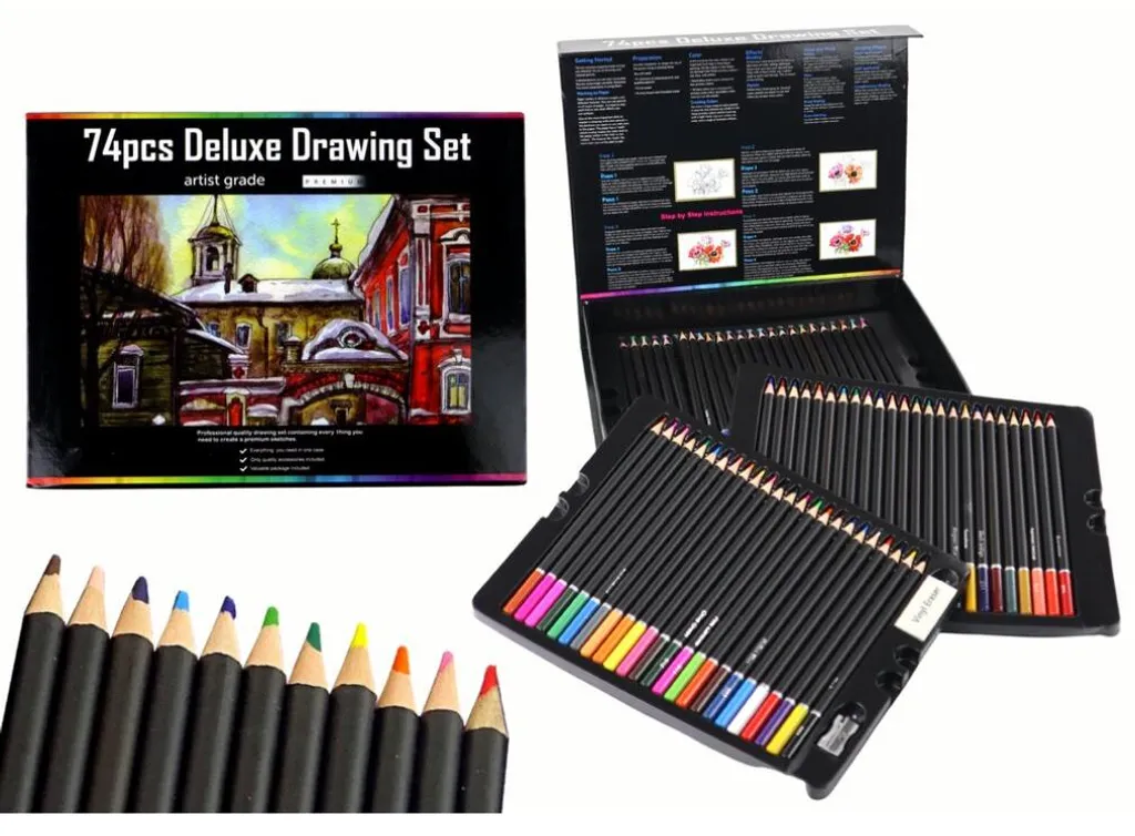 Mallette de dessin XXL 74 pièces : crayons de couleur et matériel d'art