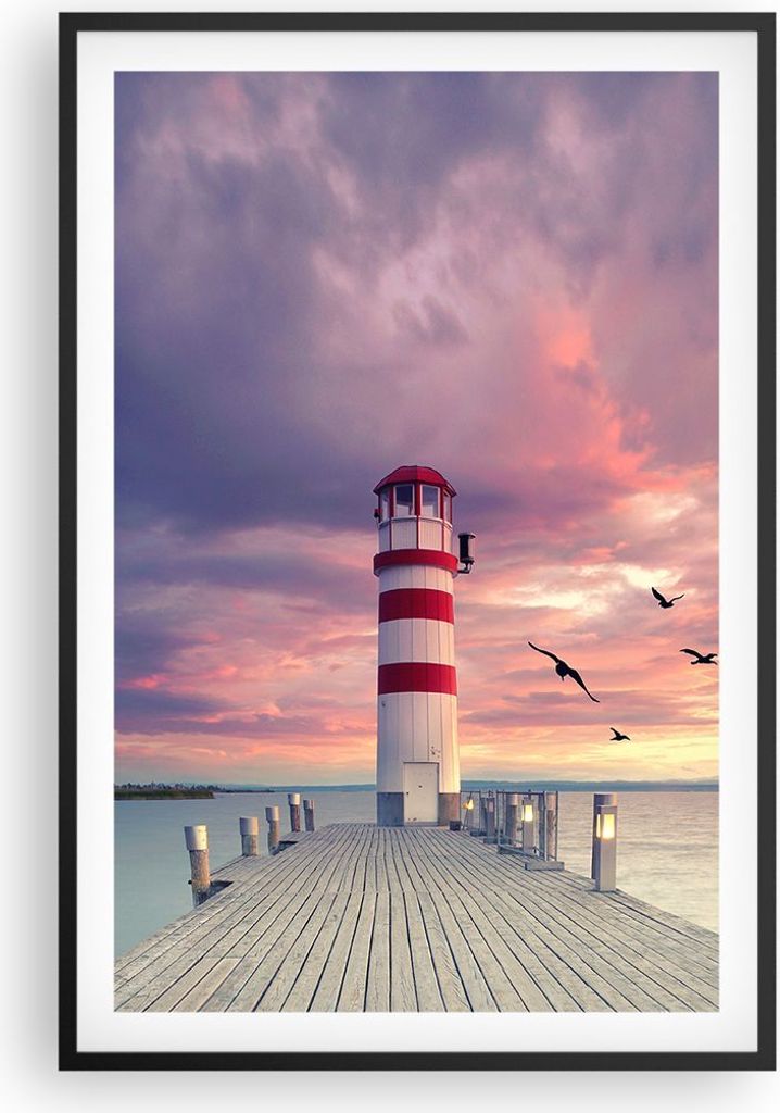 Gerahmtes Poster - Schwarzer Rahmen - Laterne Meer Küste - 61x91,5 cm - Wand Bild - Wanddeko - Wandbilder - Kunstposter - Wandposter - Bilderrahme...