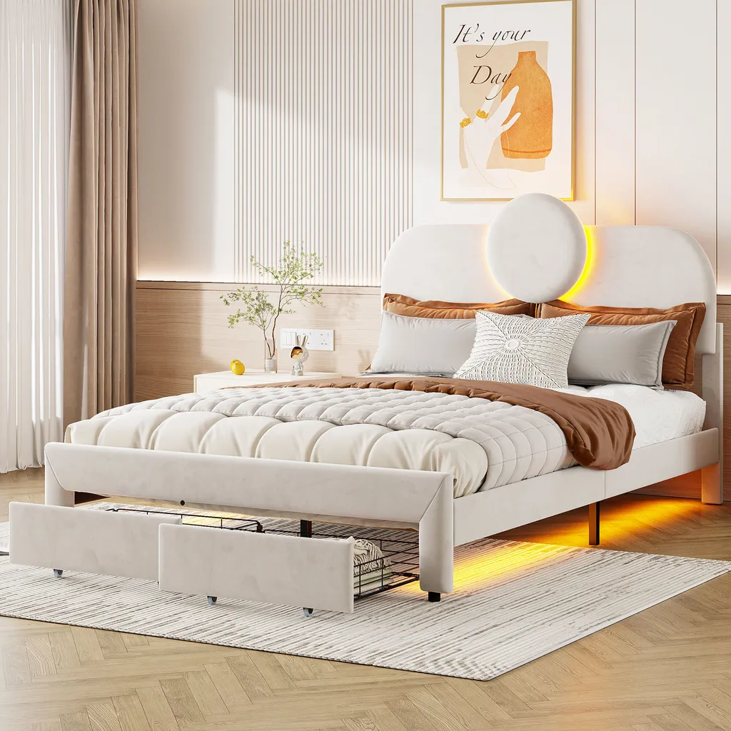 ProximaX lit rembourré 140x200 cm avec tiroirs et éclairage LED beige