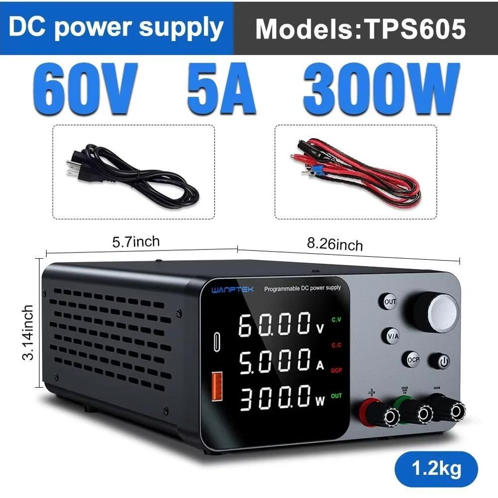 Labor-Netzgerät - Regelbares DC Netzteil - 0–60V 0–5A - OCP Überstromschutz - USB-A & USB-C Ausgänge - EU-Stecker -