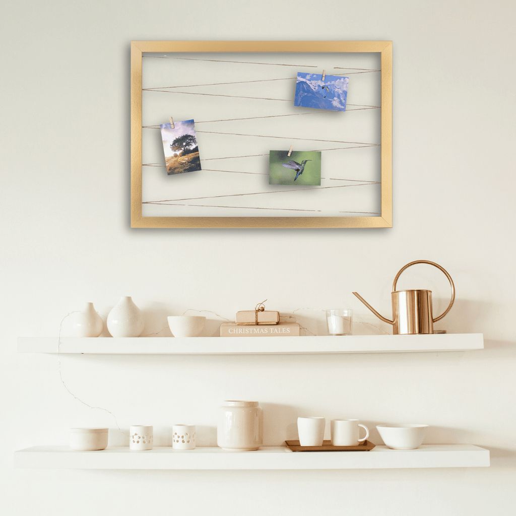 Fotohalter Pinnwand Fotorahmen (Querformat) mit Juteband 20 Holzklammern Bilderrahmen inklusive CLAMARO Collage Flex, Flex Farbe:Gold, Quer/Hochfor...