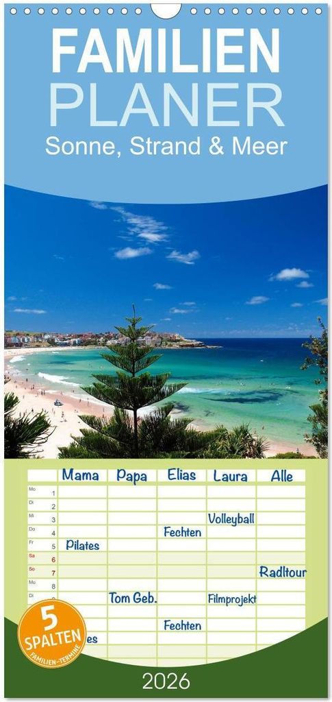Familienplaner 2026 - Sonne, Strand & Meer mit 5 Spalten (Wandkalender, 21 x 45 cm) CALVENDO