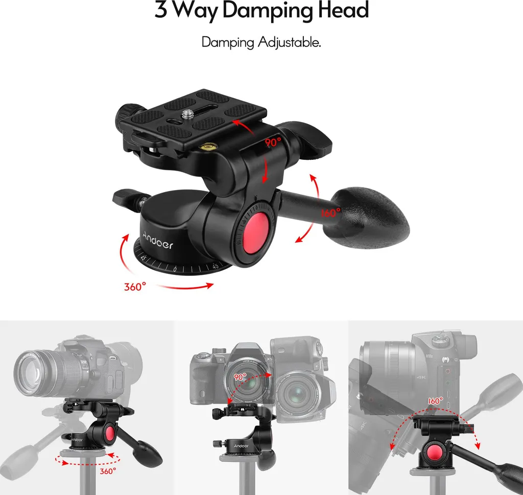 Testa video Andoer a 3 vie con smorzamento in lega di alluminio, treppiede tridimensionale con impugnatura girevole, supporta la fotografia panoramica a 360° per la maggior parte delle fotocamere DSLR-ILDC, slitta monopiede, capacità di carico massima 10 kg